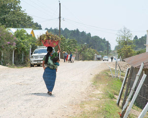 Woman carrying trees and child in Guatemala